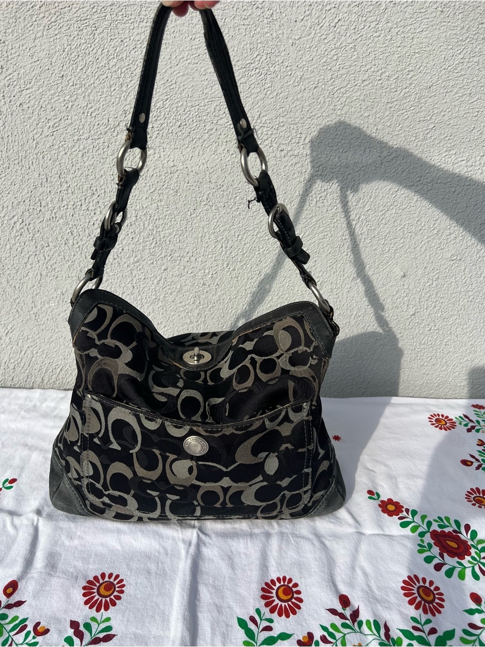 Coach Black and Gray Signature Canvas Shoulder Bag - fair condition